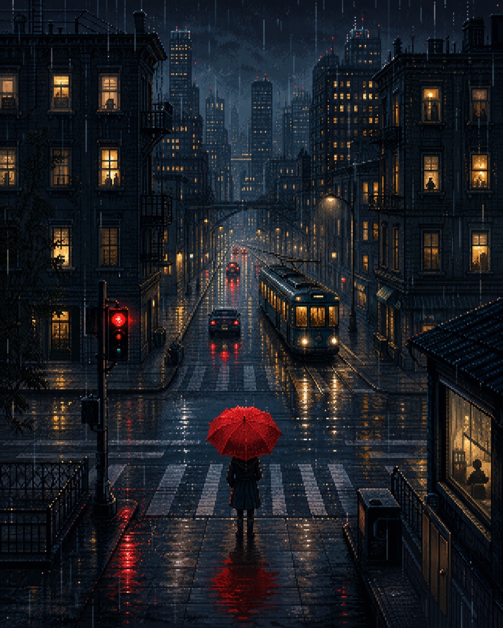 Pixel-Art-Szene einer regennassen Großstadt bei Nacht mit rotem Regenschirm