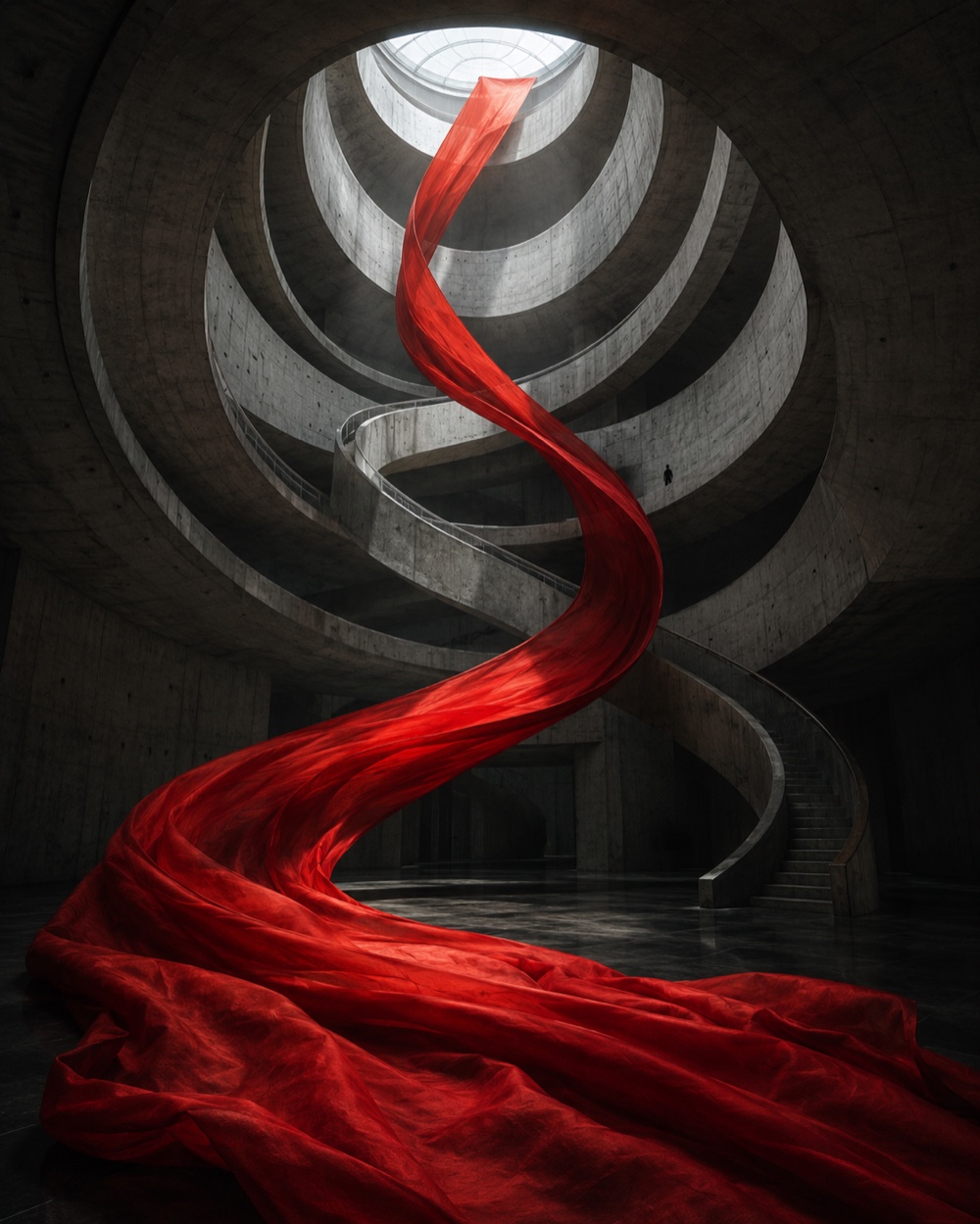 Surreale Digitalillustration eines endlosen roten Tuchs in monumentaler Betonarchitektur