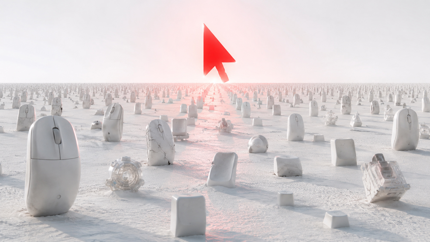 Roter Cursor über einer weitläufigen Landschaft aus Computermäusen und Tasten
