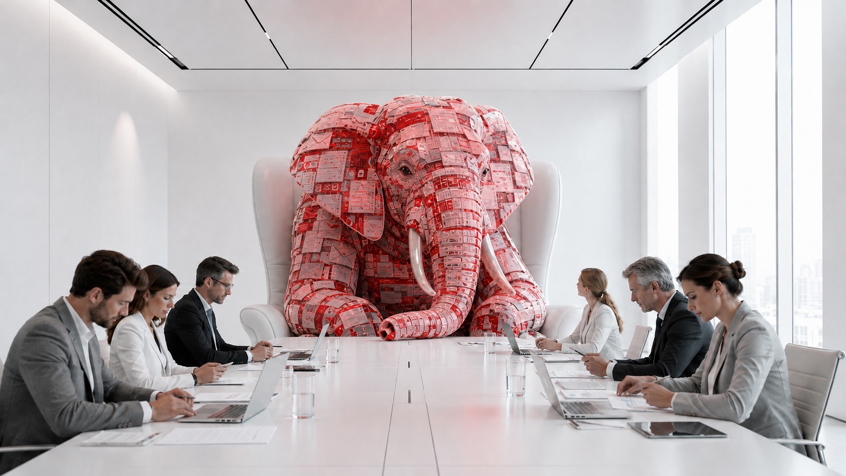 Leuchtend roter Elefant aus E-Mails, Tabellen und Dokumenten in einem weißen Konferenzraum