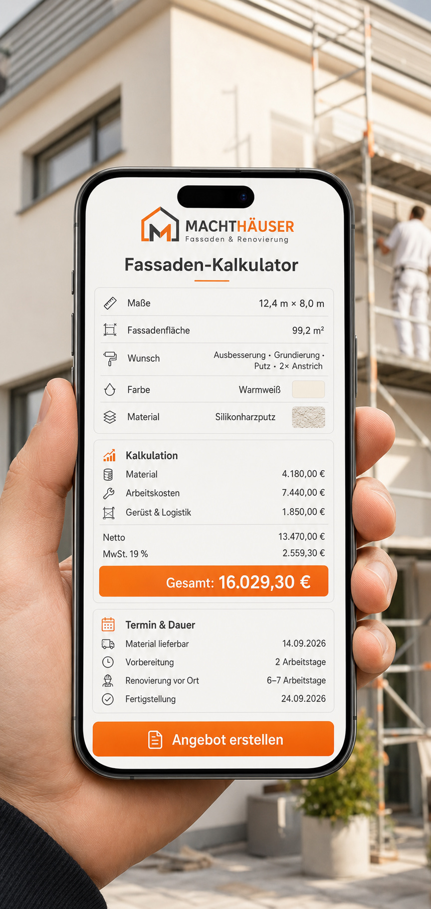 Mobiler Fassaden-Kalkulator für Material, Arbeitskosten, Logistik und Termine