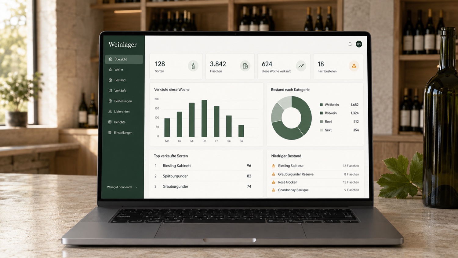Dashboard für Bestände, Verkäufe und Nachbestellungen eines Weinlagers