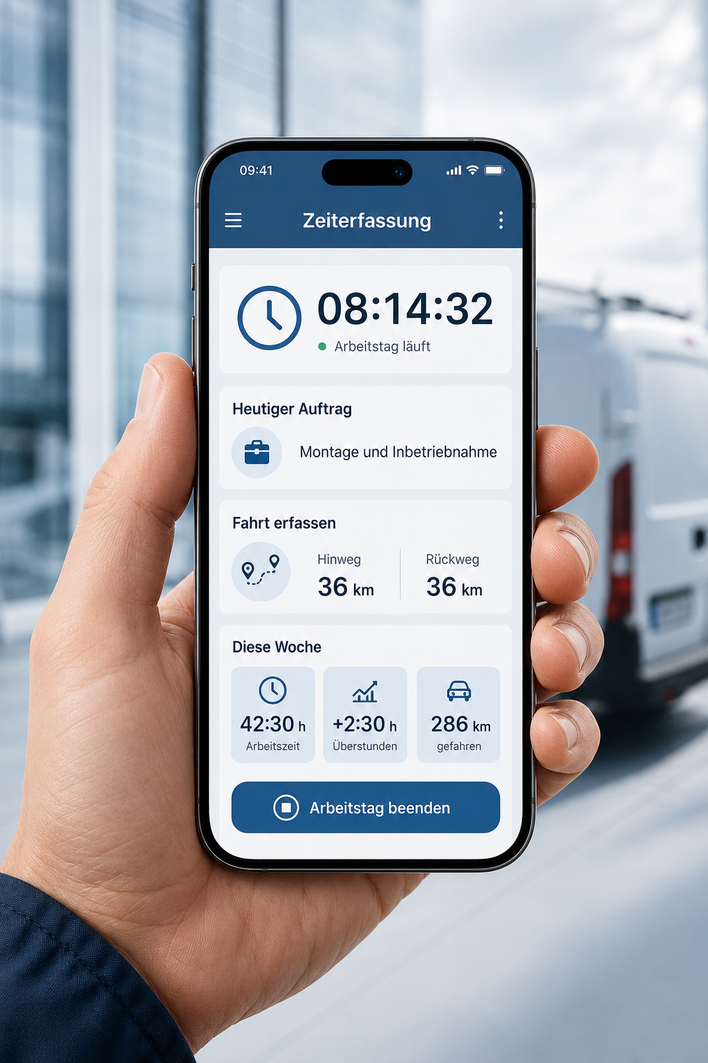 Mobile App für Zeiterfassung, Fahrten und Wochenübersicht